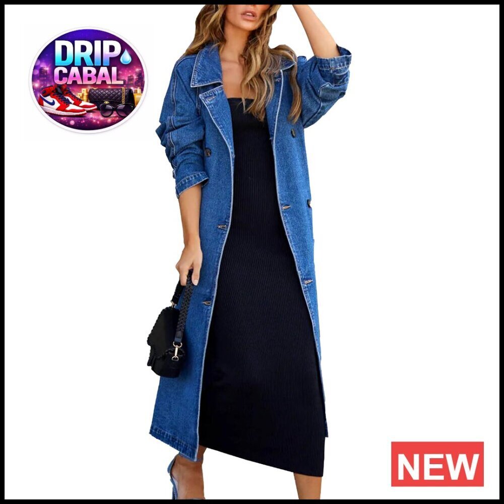 Plus Size Vintage Denim Jacket Trench Coat with Belt, Loose Fit